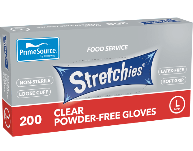 PrimeSource' Stretchies' Gloves LARGE - Powder Free, Clear - Castaway